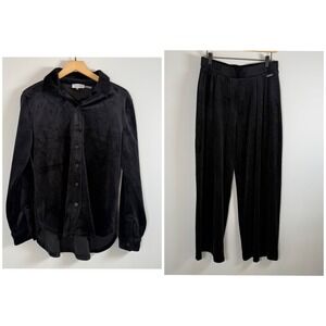 Calvin Klein Velour Velvet Track Suit Set‎ Button Up Shirt Top Pant Outfit Small
